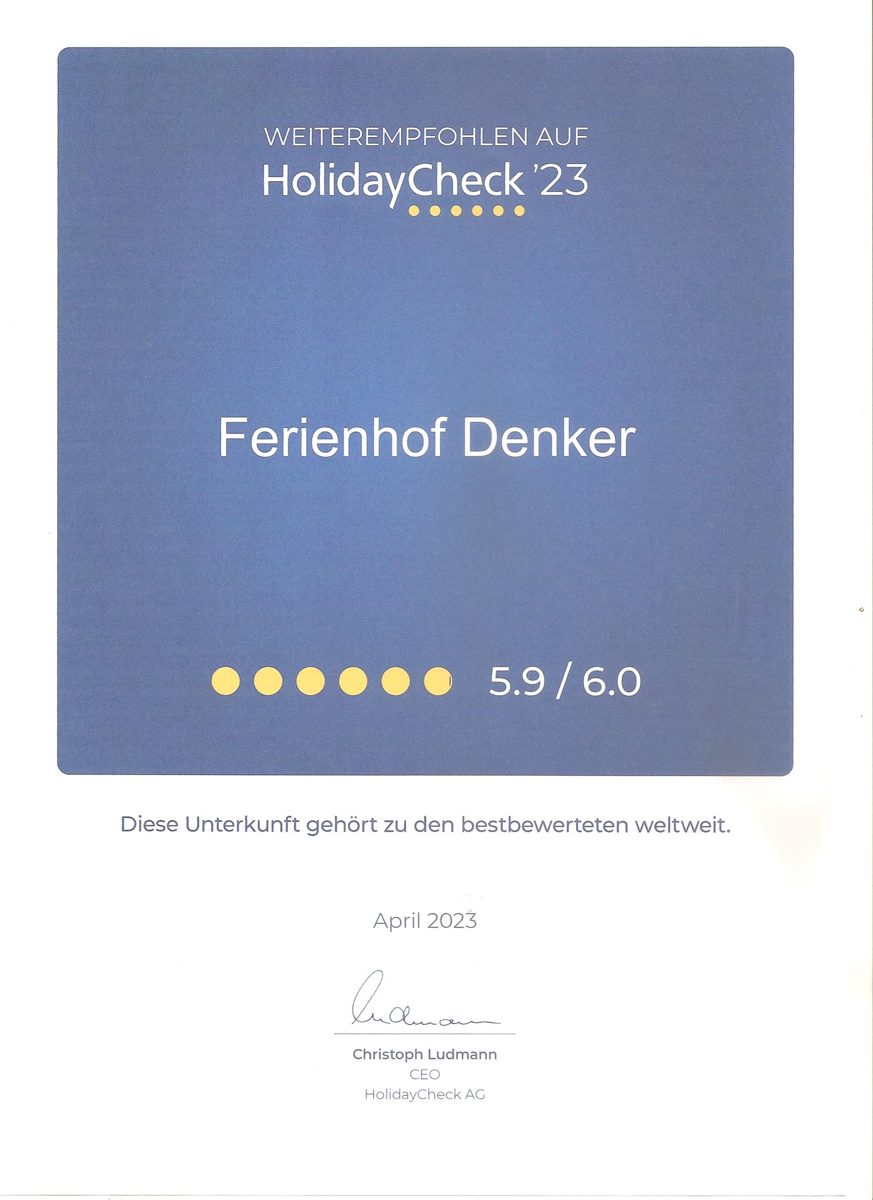 HolidayCheck Urkunde 2023 